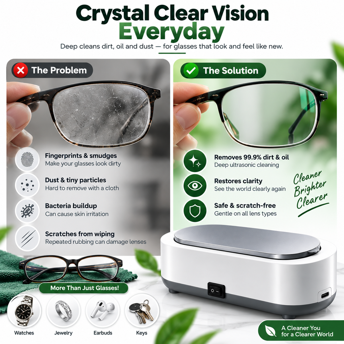 Ultrasonic Deep Cleaning Jewelry Cleaner Glass Dirt Remover