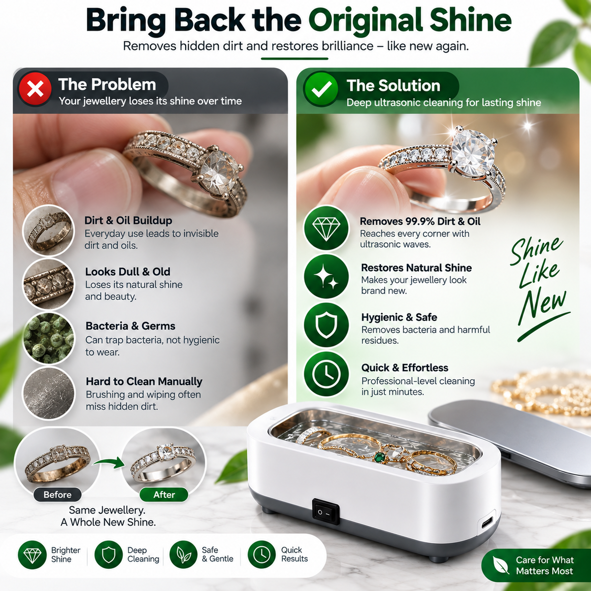 Ultrasonic Deep Cleaning Jewelry Cleaner Glass Dirt Remover